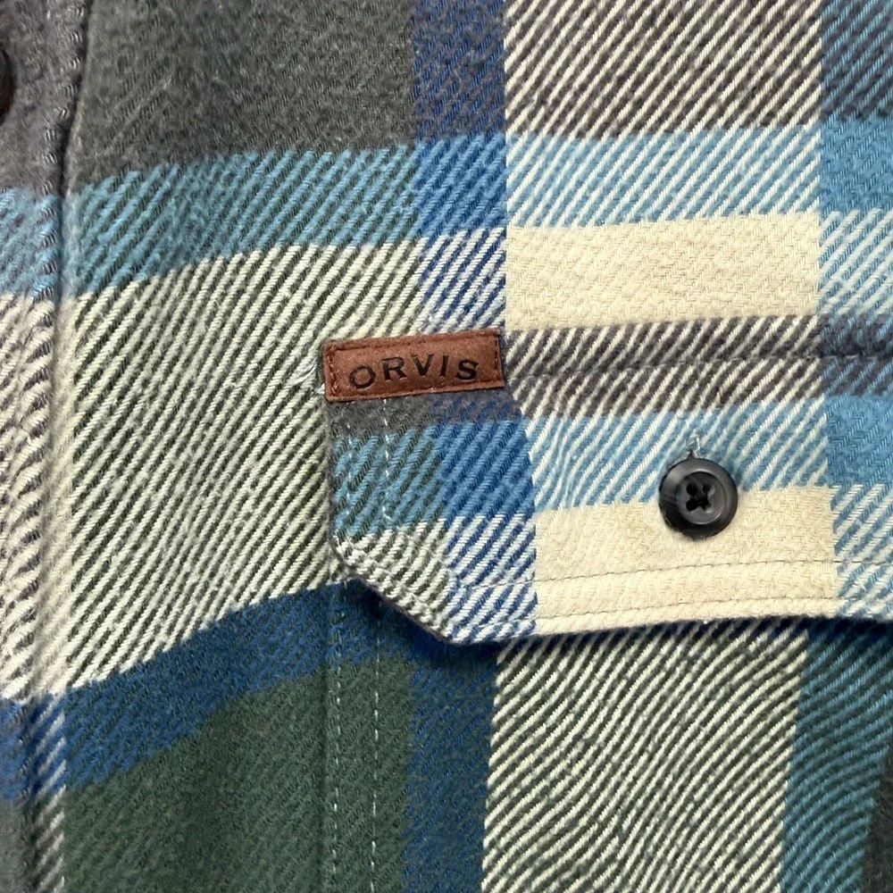 Orvis Flannel Shirt‎ Jacket Mens XXL Blue Green Fleece Lined Plaid Shacket Heavy
